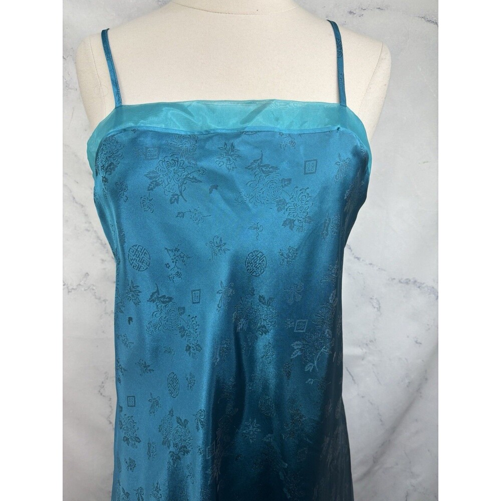 Vintage Nightgown Slip Dress M L Nightie Satin TEAL Blue BROCADE Whimsical fairy - Picture 8 of 14